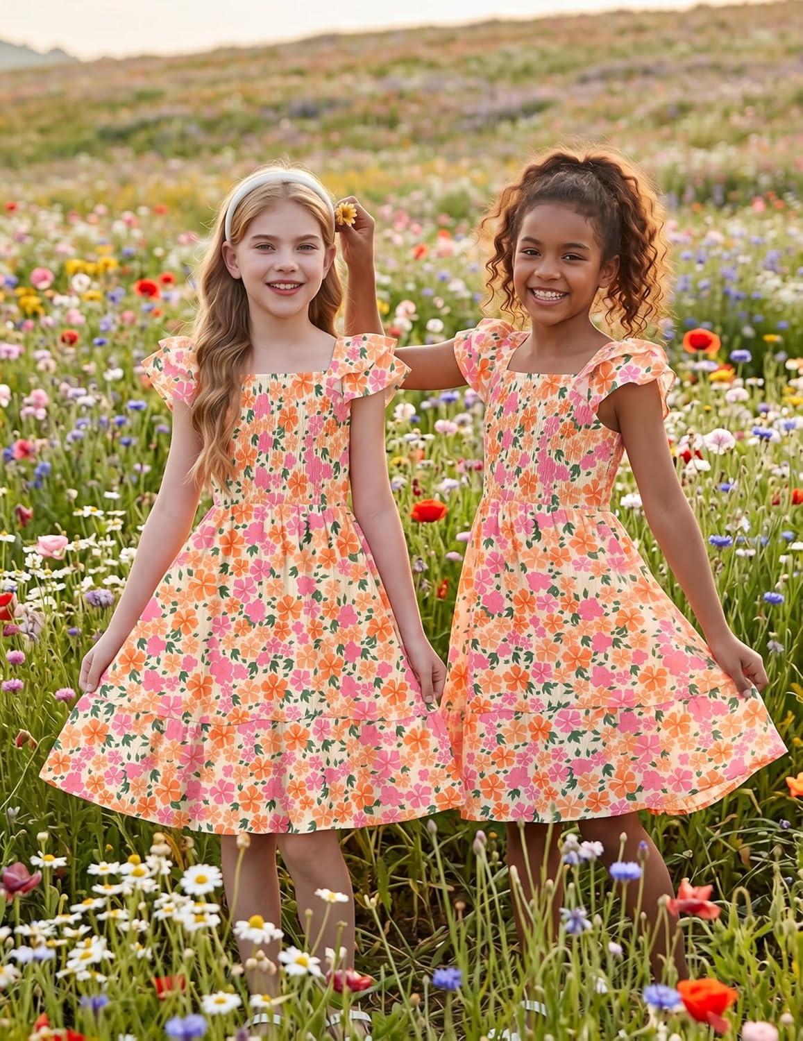 image:imageArshiner Girls Dresses Double Pleated Sleeve Square Neck Off Shoulder with Pockets Tween Sundress Size 516Pink Floral