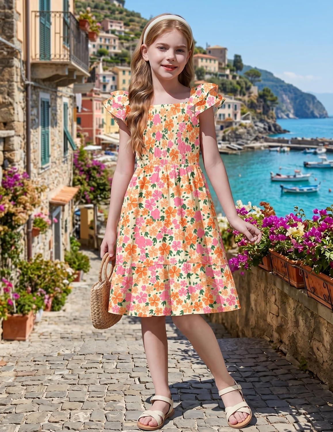 image:imageArshiner Girls Dresses Double Pleated Sleeve Square Neck Off Shoulder with Pockets Tween Sundress Size 516Pink Floral