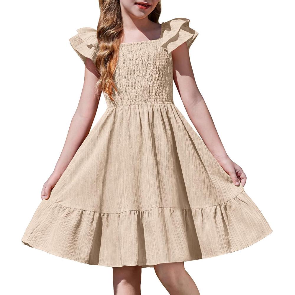 image:imageArshiner Girls Dresses Double Pleated Sleeve Square Neck Off Shoulder with Pockets Tween Sundress Size 516Beige