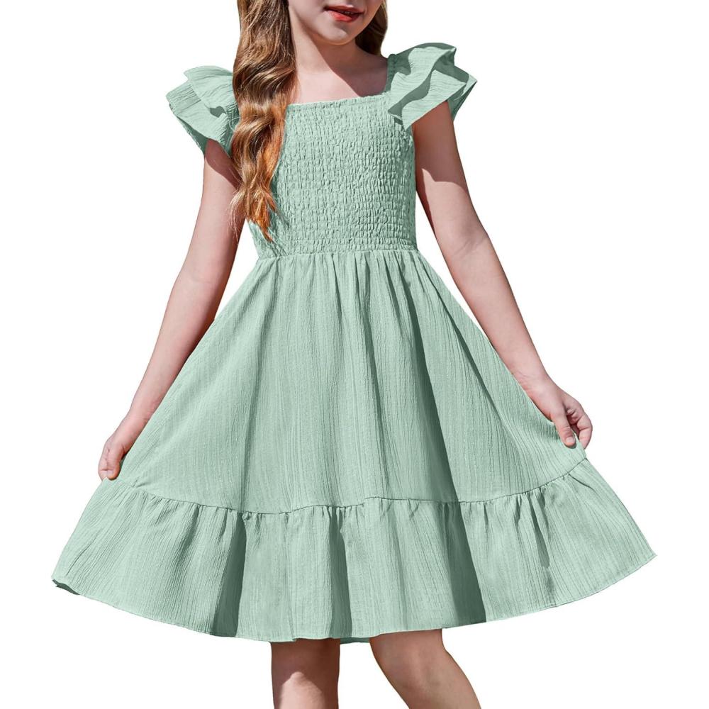image:imageArshiner Girls Dresses Double Pleated Sleeve Square Neck Off Shoulder with Pockets Tween Sundress Size 516Light Green
