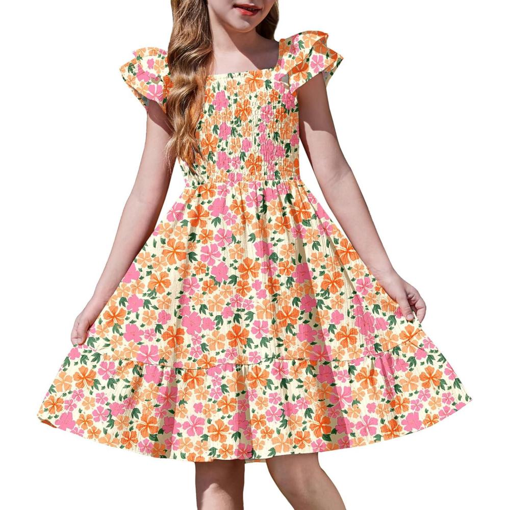 image:imageArshiner Girls Dresses Double Pleated Sleeve Square Neck Off Shoulder with Pockets Tween Sundress Size 516Pink Floral