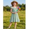 Arshiner Girls Dresses Double Pleated Sleeve Square Neck Off Shoulder with Pockets Tween Sundress Size 5-16(Light Green)