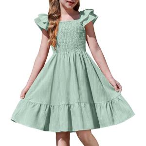 Arshiner Girls Dresses Double Pleated Sleeve Square Neck Off Shoulder with Pockets Tween Sundress Size 5-16(Light Green)