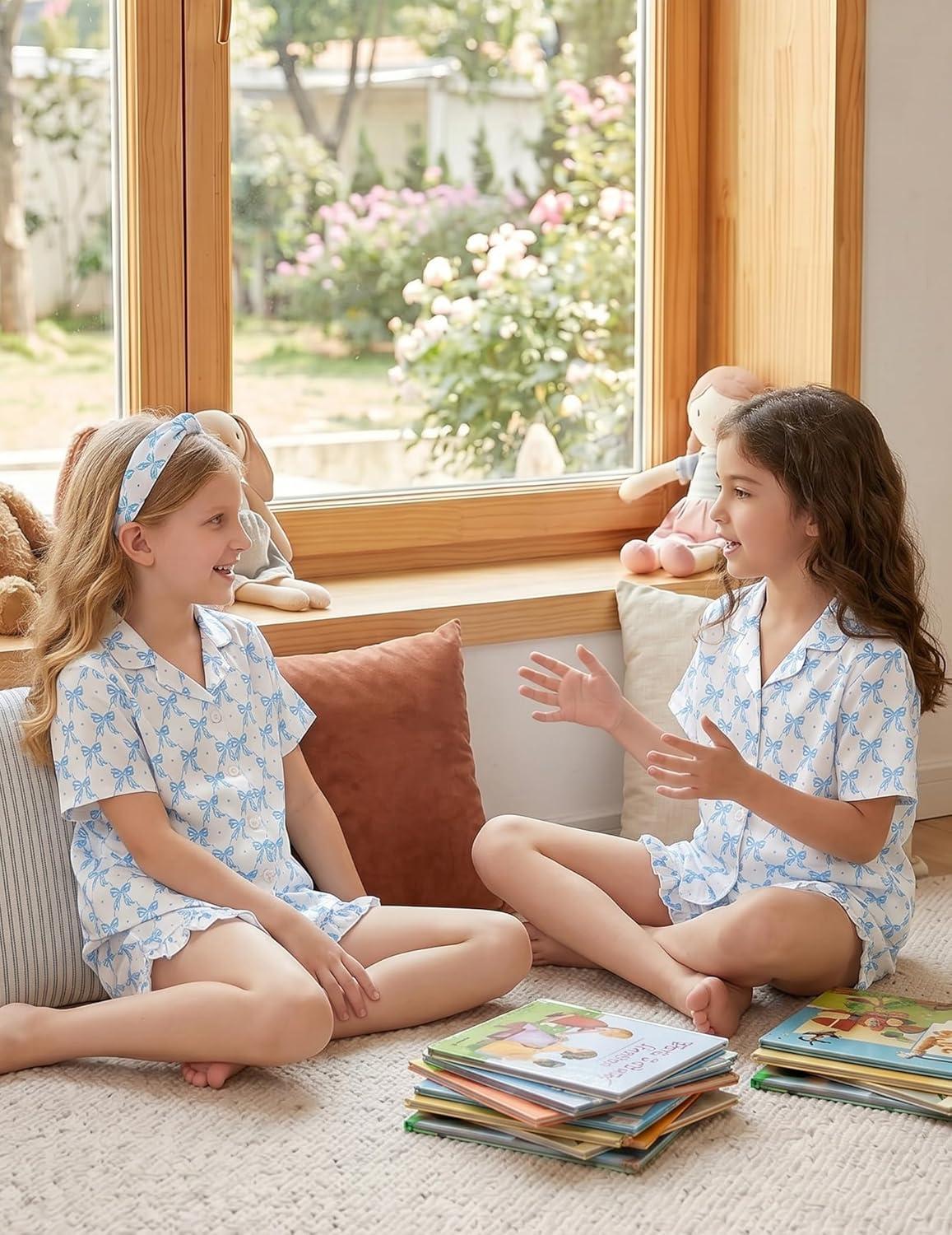 image:imageArshiner Girls Pajamas Silk Satin Pajama Set 2 Piece Button Down Pjs Ruffle SleepwearBlue Bow