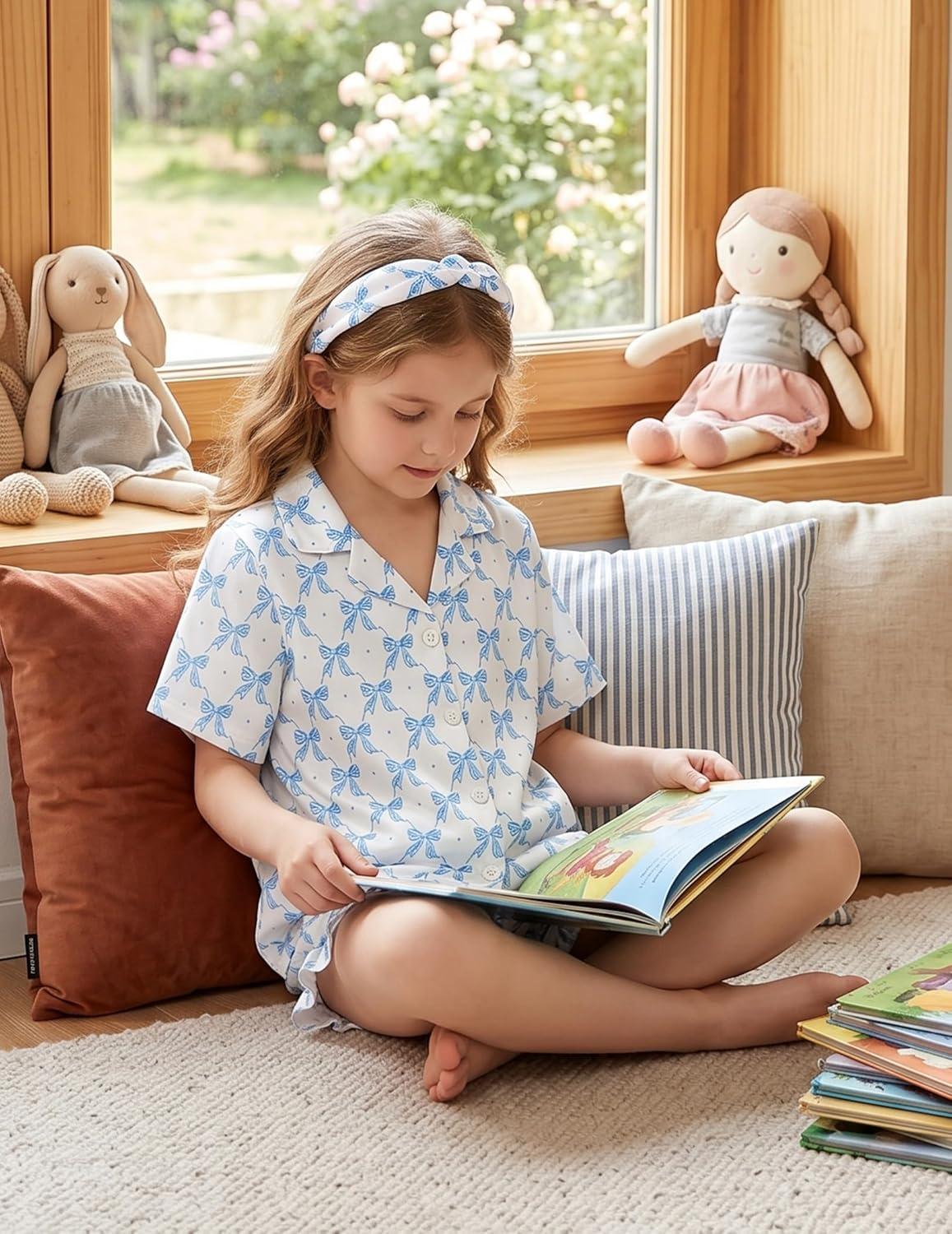 image:imageArshiner Girls Pajamas Silk Satin Pajama Set 2 Piece Button Down Pjs Ruffle SleepwearBlue Bow