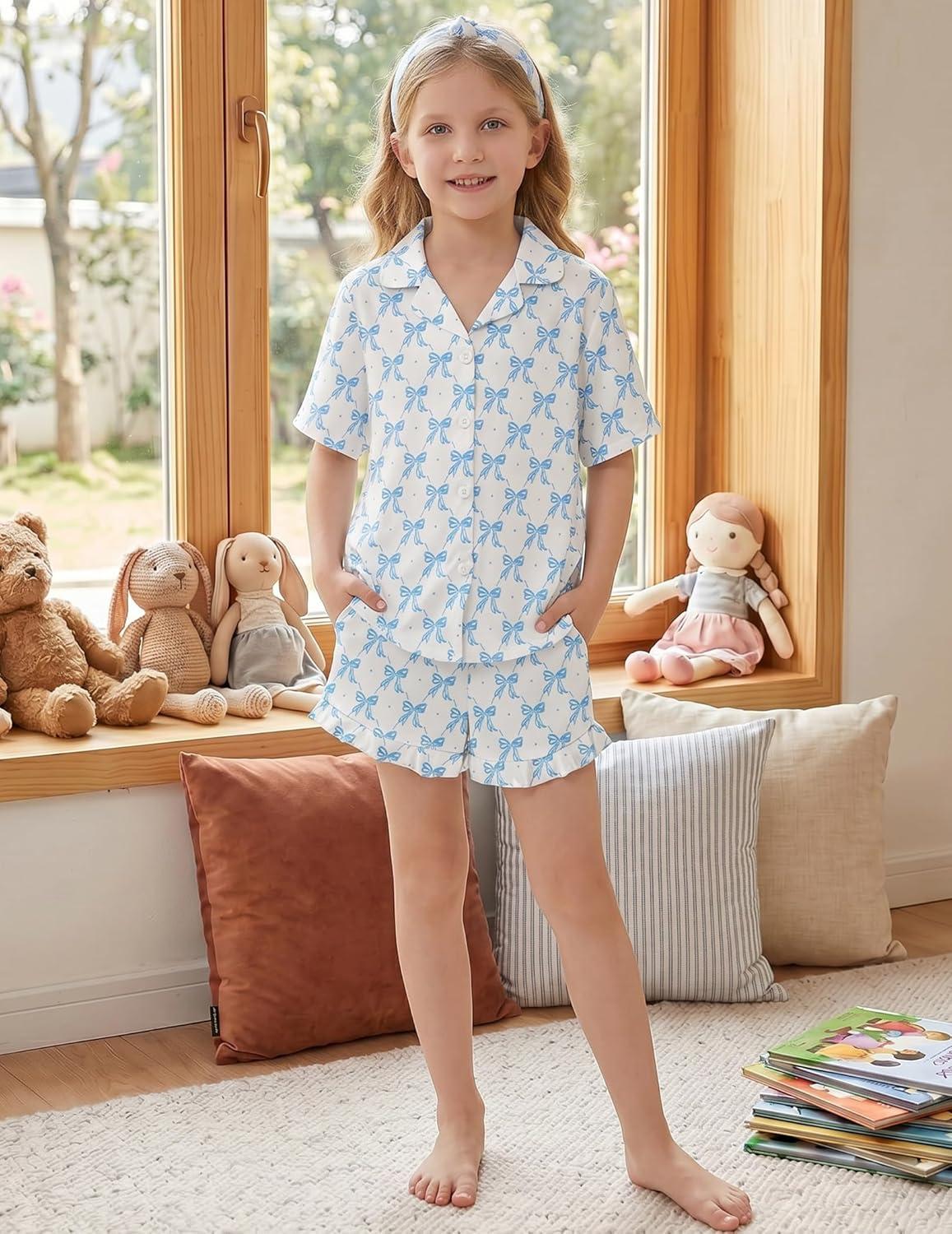 image:imageArshiner Girls Pajamas Silk Satin Pajama Set 2 Piece Button Down Pjs Ruffle SleepwearBlue Bow