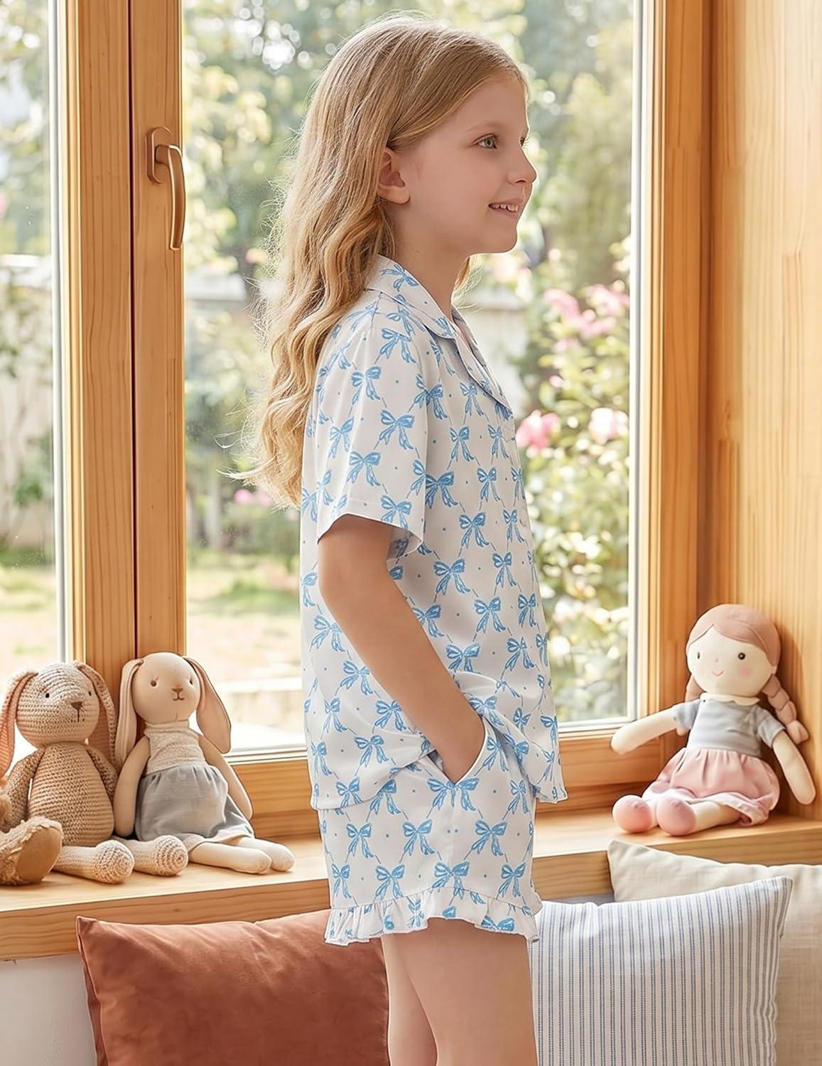 image:imageArshiner Girls Pajamas Silk Satin Pajama Set 2 Piece Button Down Pjs Ruffle SleepwearBlue Bow
