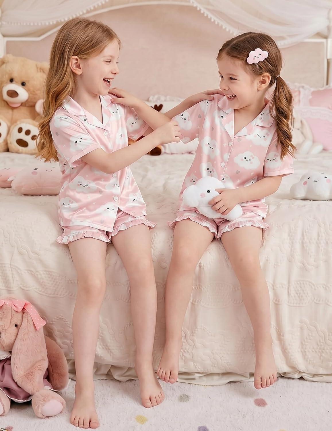 image:imageArshiner Girls Pajamas Silk Satin Pajama Set 2 Piece Button Down Pjs Ruffle SleepwearPink Clouds