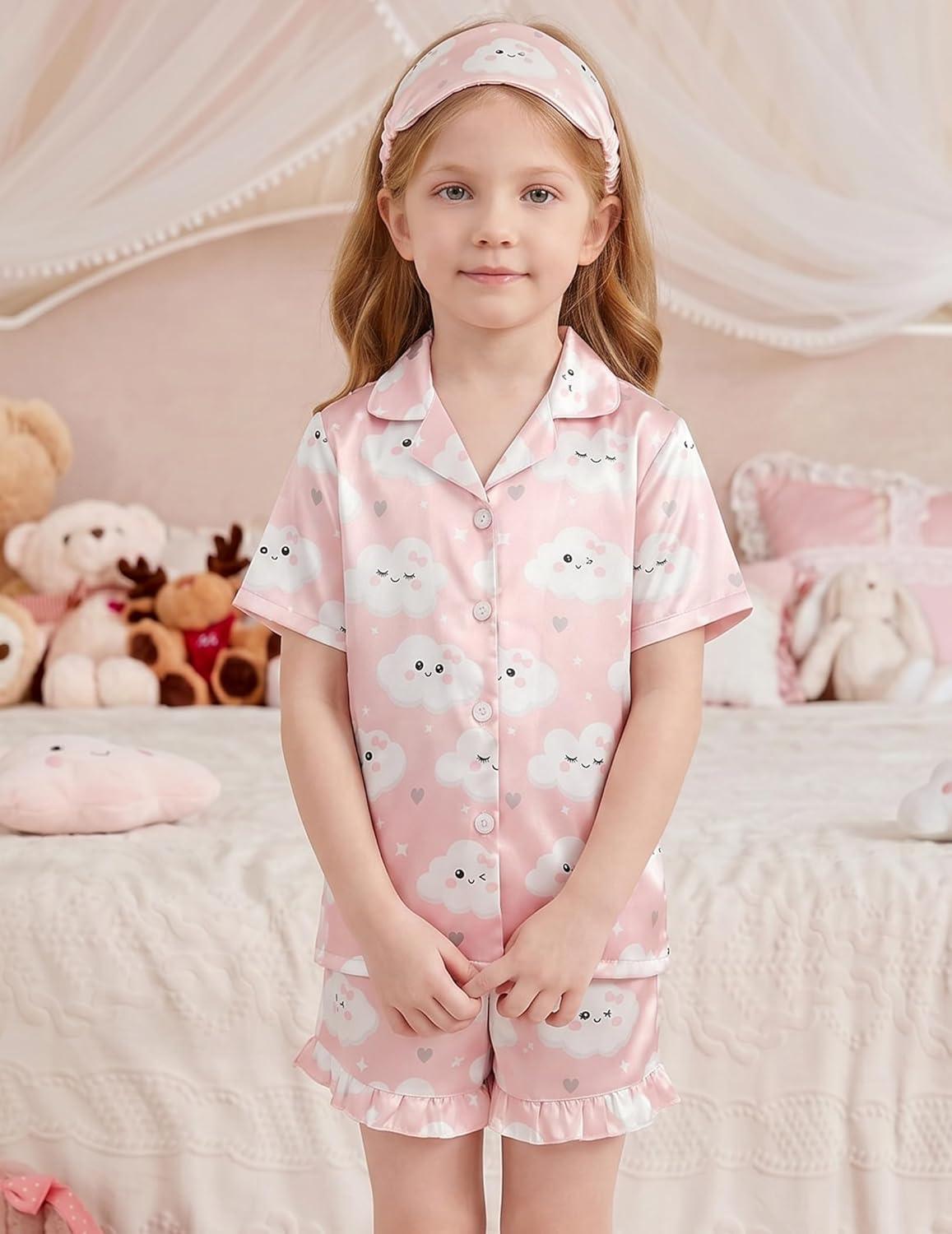 image:imageArshiner Girls Pajamas Silk Satin Pajama Set 2 Piece Button Down Pjs Ruffle SleepwearPink Clouds