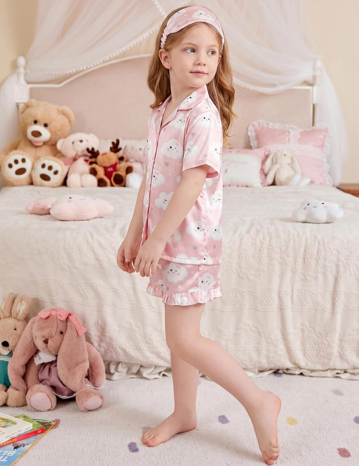 image:imageArshiner Girls Pajamas Silk Satin Pajama Set 2 Piece Button Down Pjs Ruffle SleepwearPink Clouds