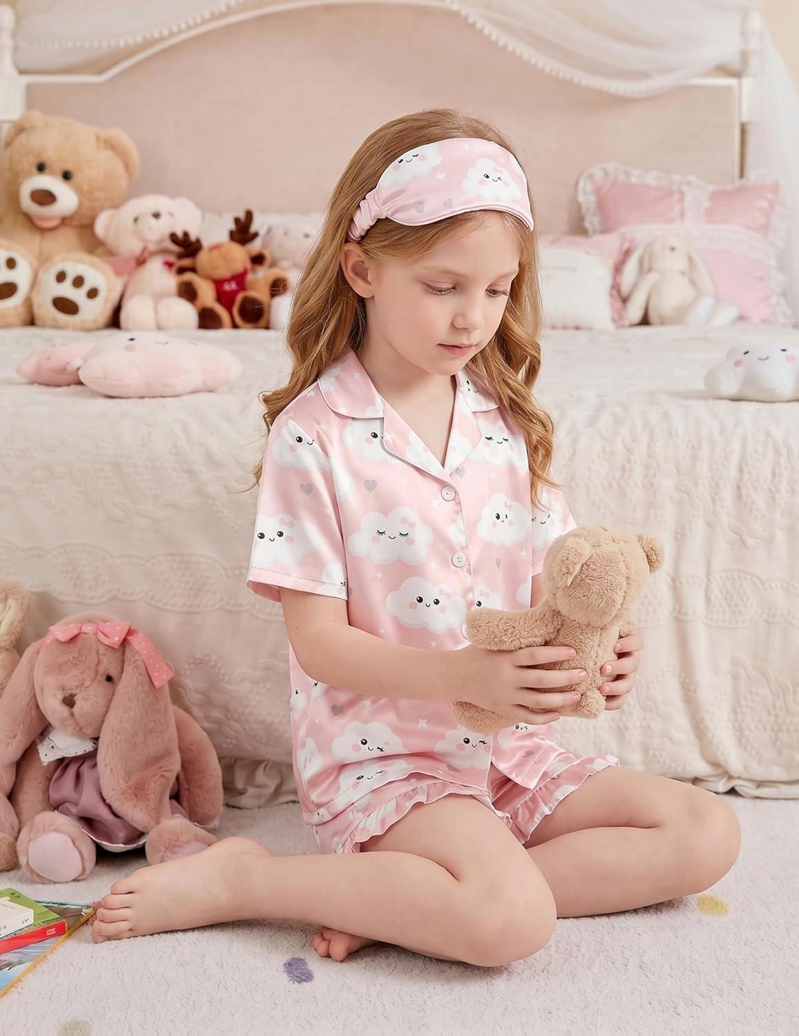 image:imageArshiner Girls Pajamas Silk Satin Pajama Set 2 Piece Button Down Pjs Ruffle SleepwearPink Clouds