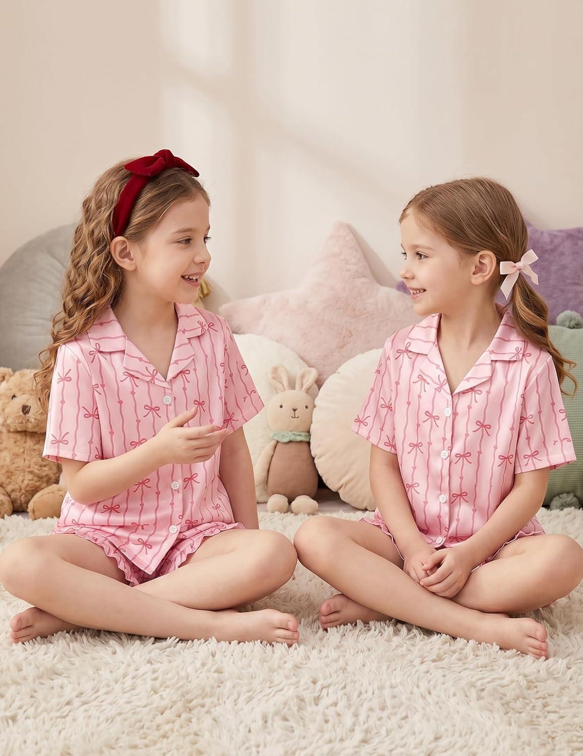 image:imageArshiner Girls Pajamas Silk Satin Pajama Set 2 Piece Button Down Pjs Ruffle SleepwearPink Stripe Bow