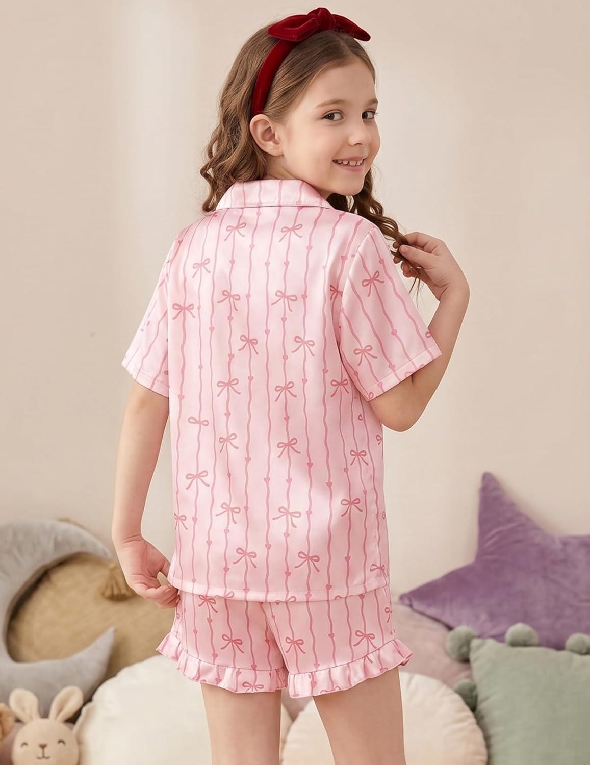 image:imageArshiner Girls Pajamas Silk Satin Pajama Set 2 Piece Button Down Pjs Ruffle SleepwearPink Stripe Bow