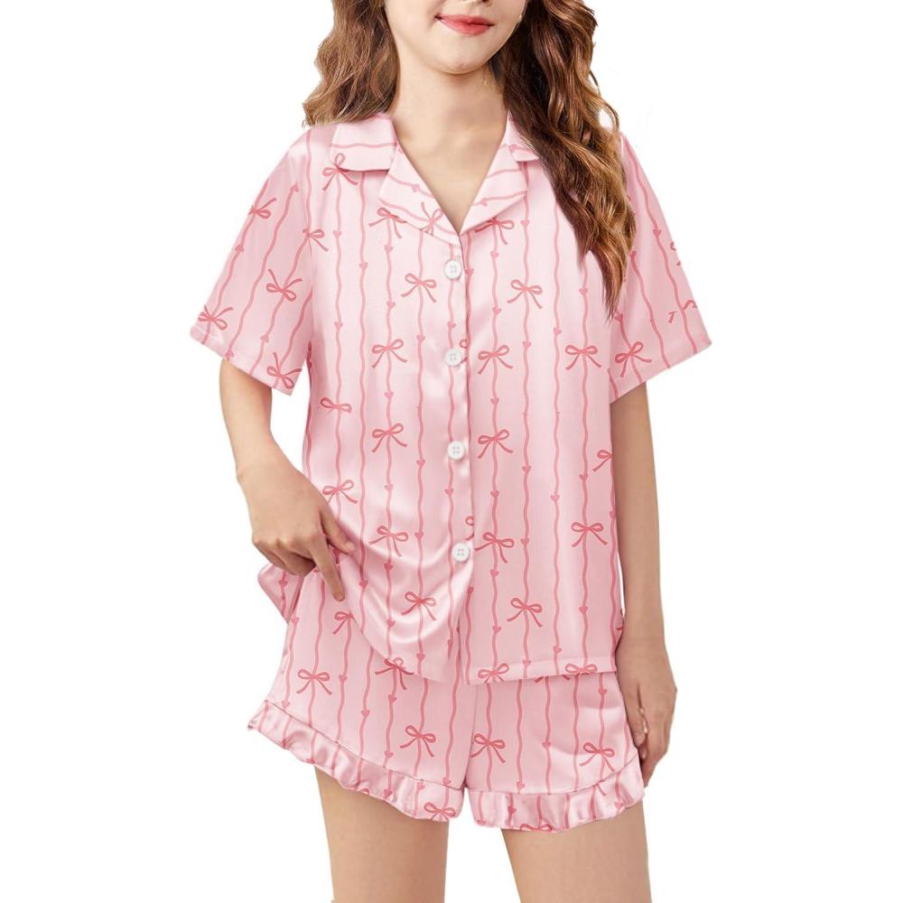 image:imageArshiner Girls Pajamas Silk Satin Pajama Set 2 Piece Button Down Pjs Ruffle SleepwearPink Stripe Bow