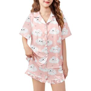 Arshiner Girls Pajamas Silk Satin Pajama Set 2 Piece Button Down Pjs Ruffle Sleepwear(Pink Clouds)