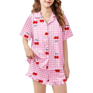 Arshiner Girls Pajamas Silk Satin Pajama Set 2 Piece Button Down Pjs Ruffle Sleepwear(Pink Plaid Cherry)