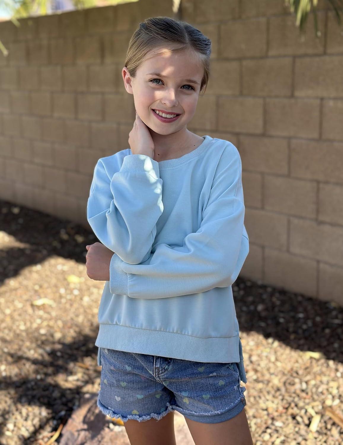 image:imageArshiner Girls Crewneck Sweatshirt Long Sleeve Pullover Tops Drop Shoulder Sweatshirts Side SplitBlue
