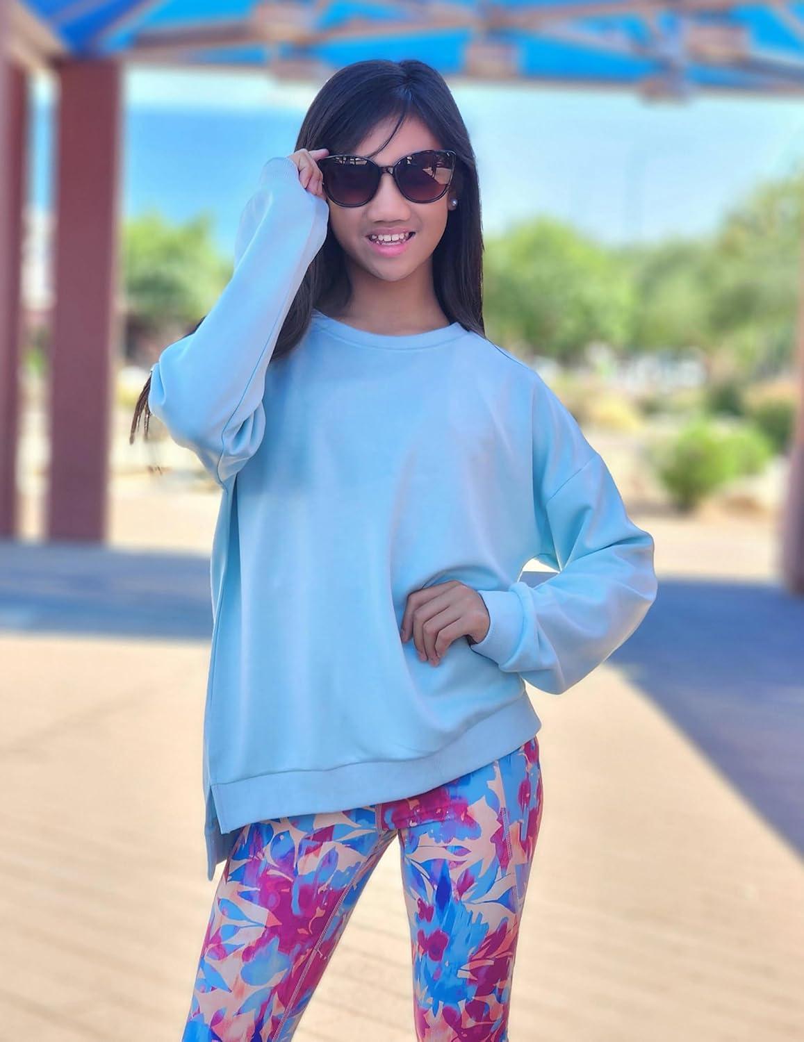 image:imageArshiner Girls Crewneck Sweatshirt Long Sleeve Pullover Tops Drop Shoulder Sweatshirts Side SplitBlue