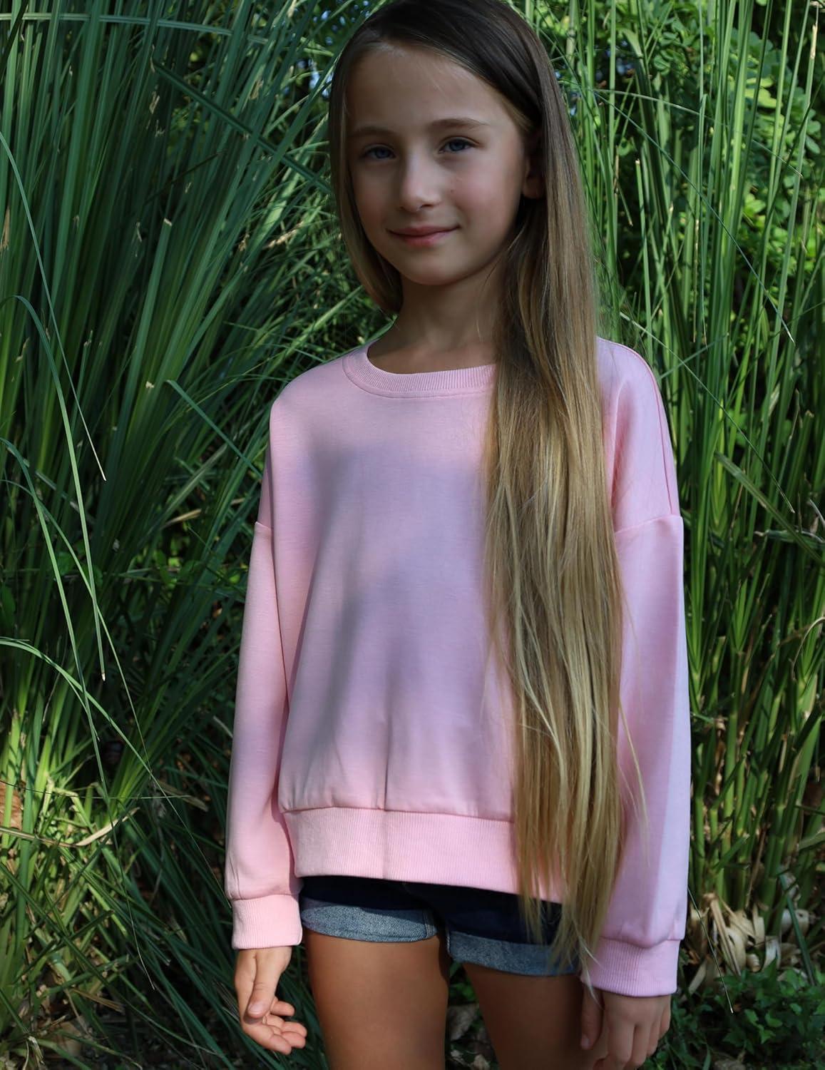 image:imageArshiner Girls Crewneck Sweatshirt Long Sleeve Pullover Tops Drop Shoulder Sweatshirts Side SplitDark Pink