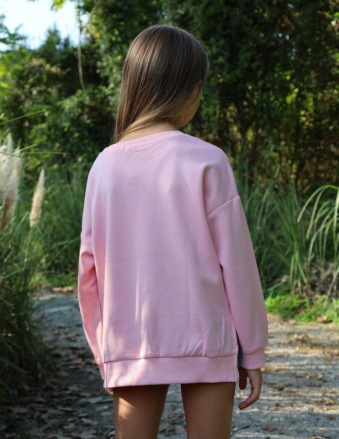 image:imageArshiner Girls Crewneck Sweatshirt Long Sleeve Pullover Tops Drop Shoulder Sweatshirts Side SplitDark Pink