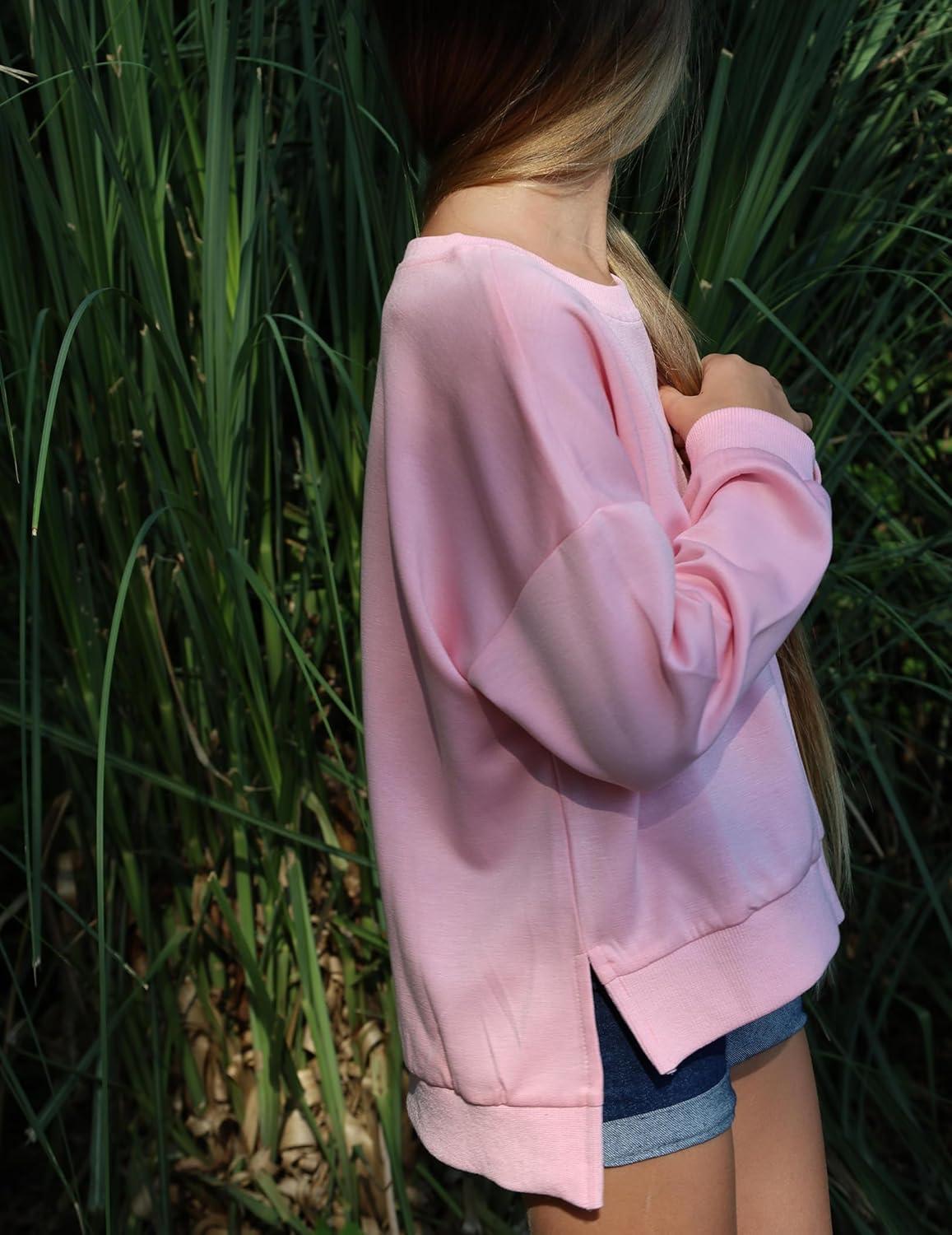 image:imageArshiner Girls Crewneck Sweatshirt Long Sleeve Pullover Tops Drop Shoulder Sweatshirts Side SplitDark Pink