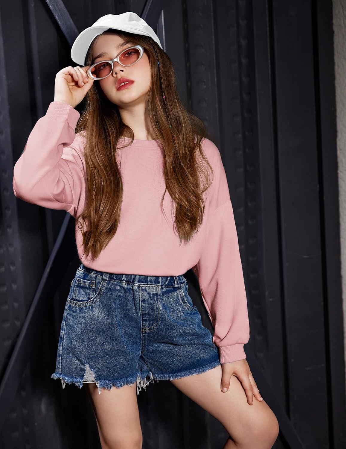 image:imageArshiner Girls Crewneck Sweatshirt Long Sleeve Pullover Tops Drop Shoulder Sweatshirts Side SplitDark Pink