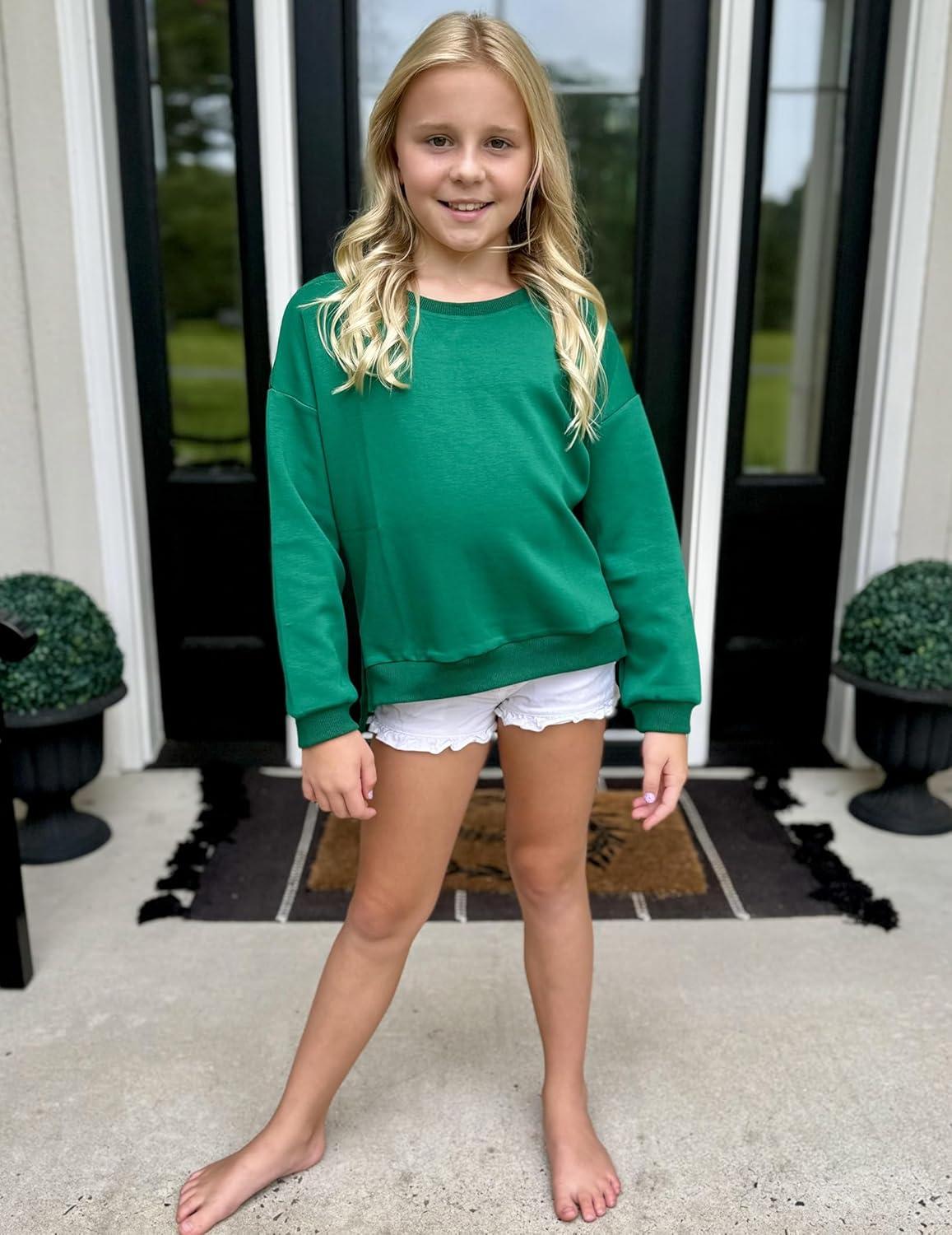 image:imageArshiner Girls Crewneck Sweatshirt Long Sleeve Pullover Tops Drop Shoulder Sweatshirts Side SplitGreen