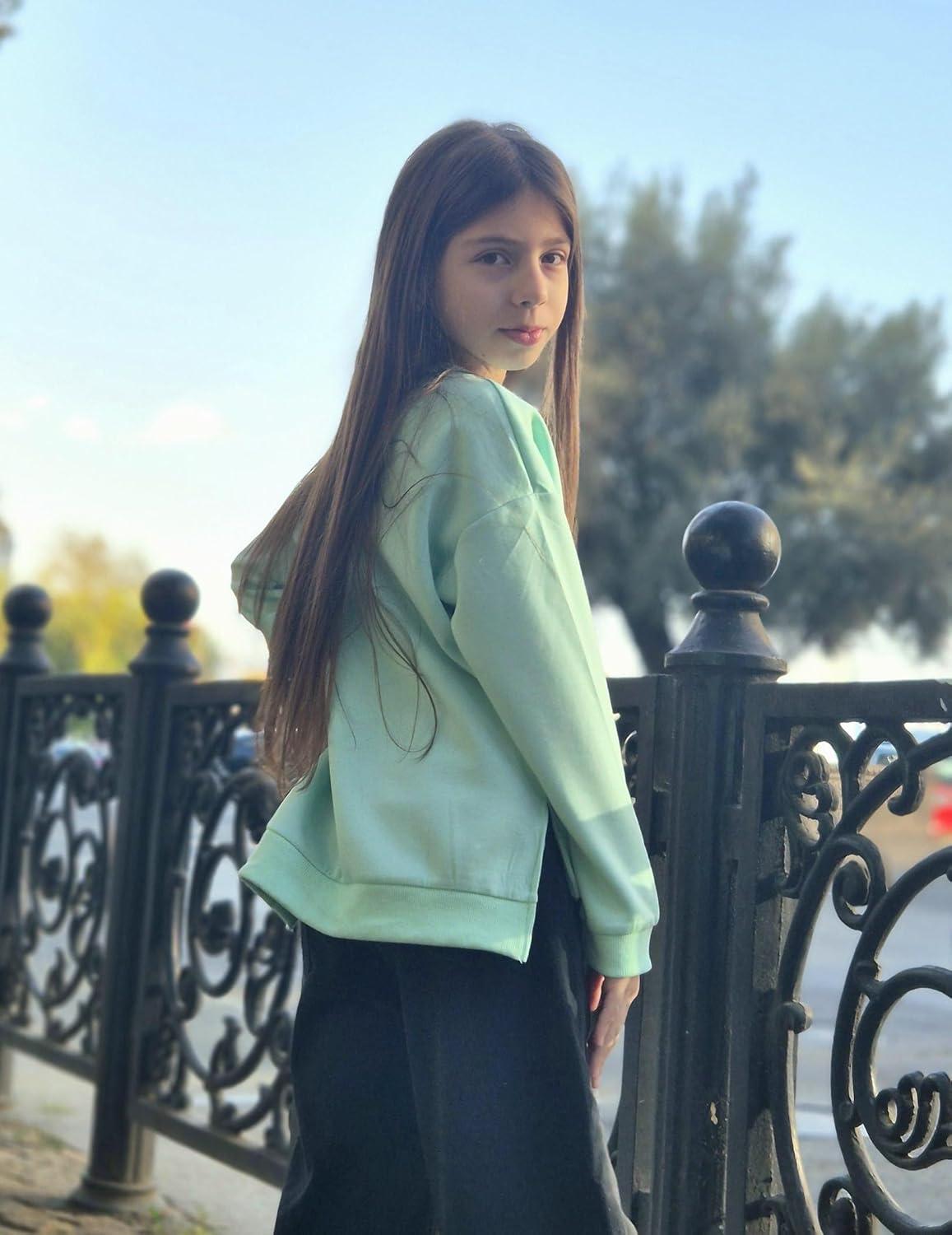 image:imageArshiner Girls Crewneck Sweatshirt Long Sleeve Pullover Tops Drop Shoulder Sweatshirts Side SplitIce Green