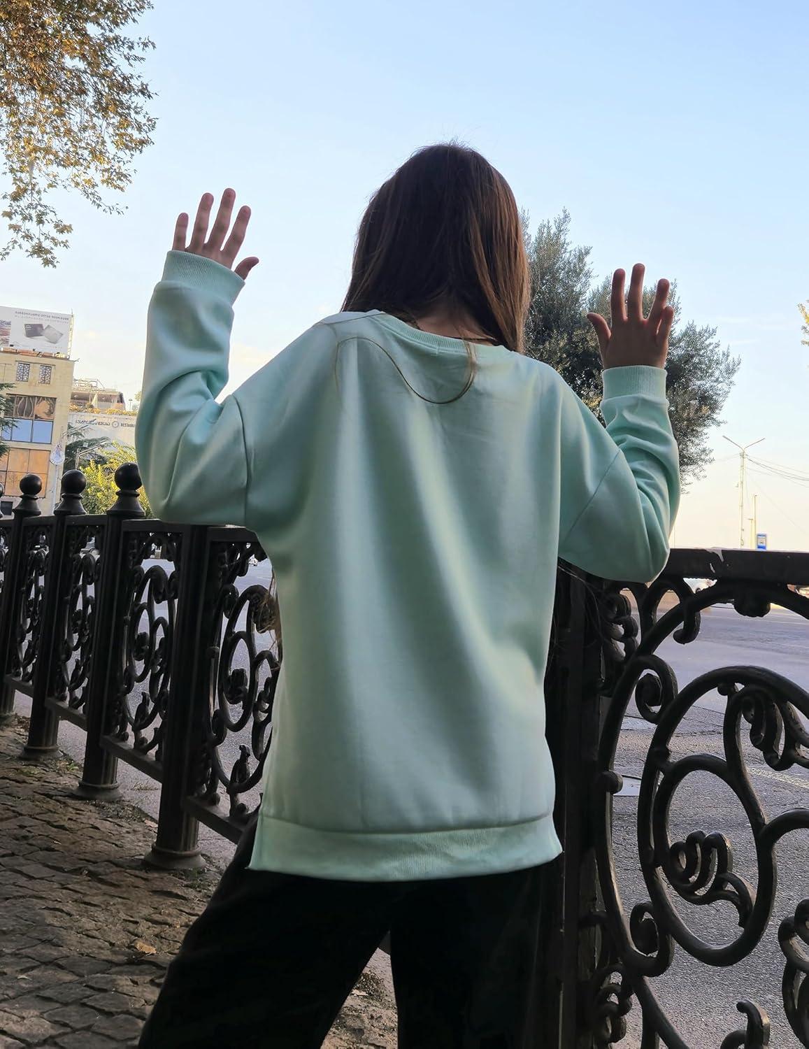image:imageArshiner Girls Crewneck Sweatshirt Long Sleeve Pullover Tops Drop Shoulder Sweatshirts Side SplitIce Green