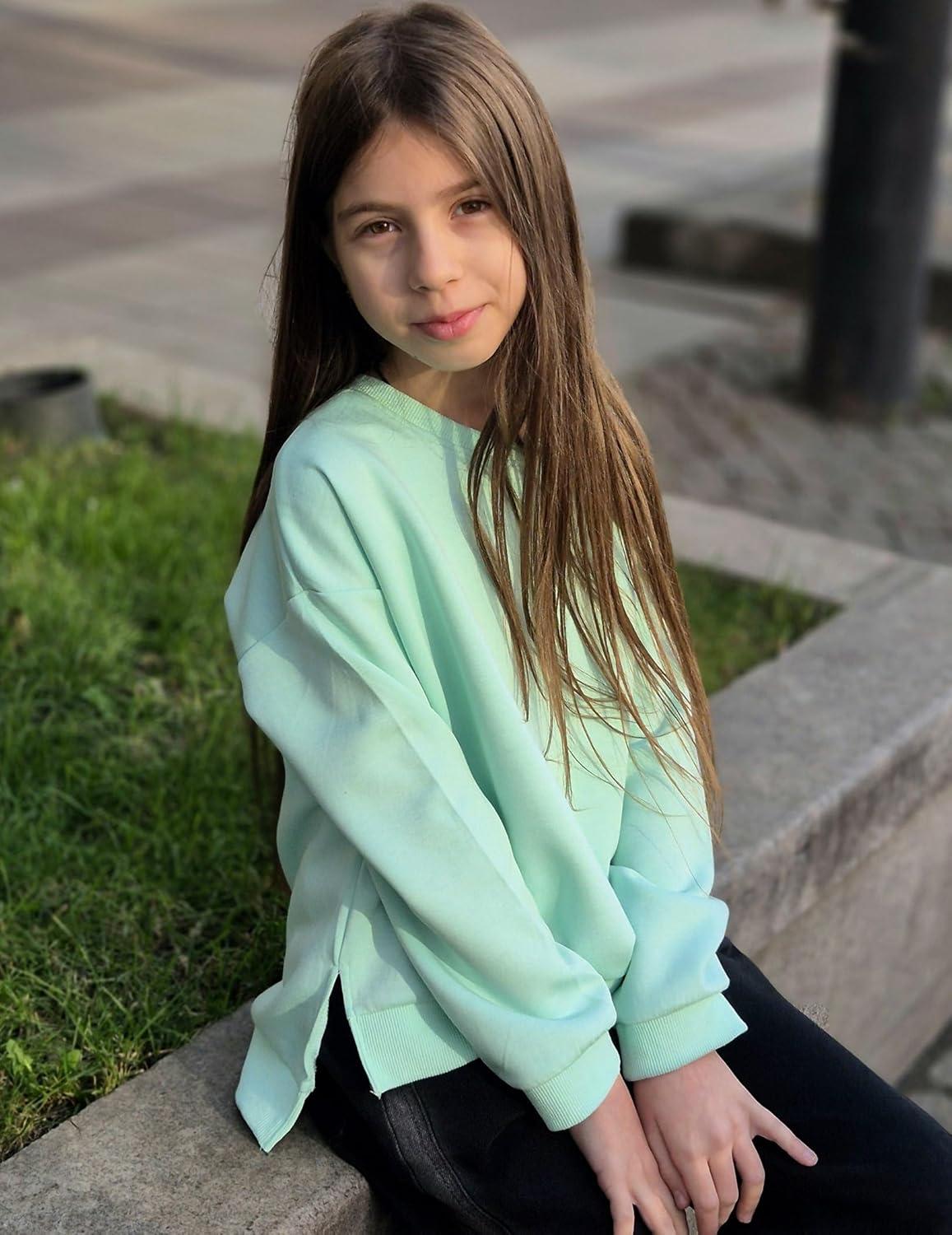 image:imageArshiner Girls Crewneck Sweatshirt Long Sleeve Pullover Tops Drop Shoulder Sweatshirts Side SplitIce Green