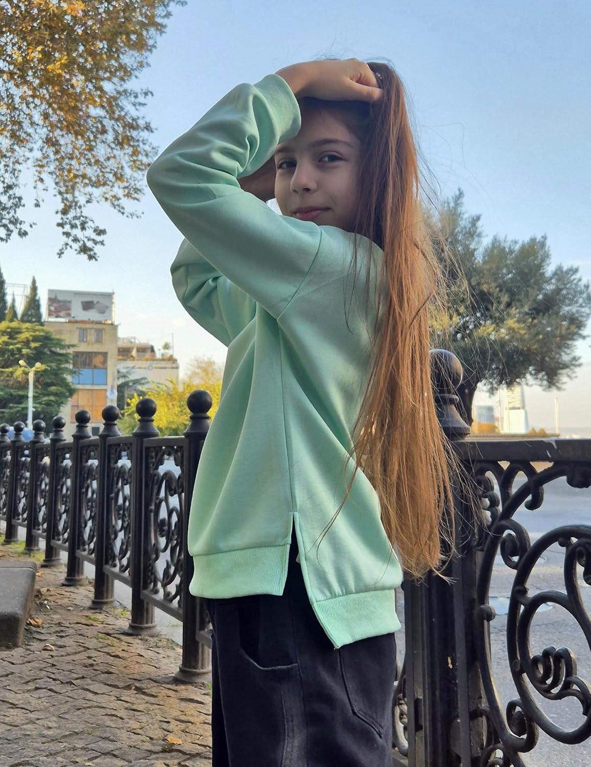 image:imageArshiner Girls Crewneck Sweatshirt Long Sleeve Pullover Tops Drop Shoulder Sweatshirts Side SplitIce Green