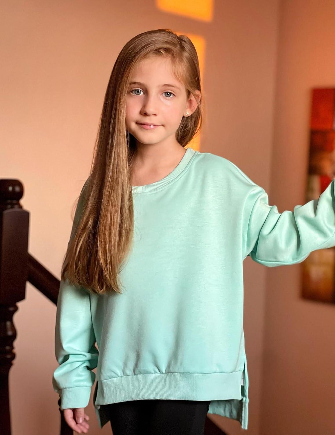 image:imageArshiner Girls Crewneck Sweatshirt Long Sleeve Pullover Tops Drop Shoulder Sweatshirts Side SplitIce Green