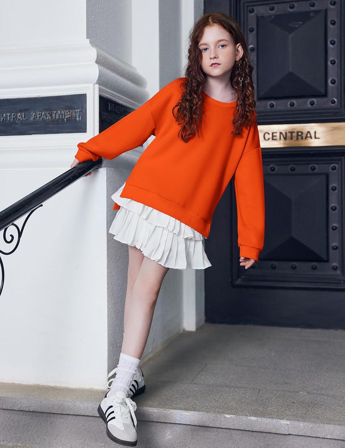 image:imageArshiner Girls Crewneck Sweatshirt Long Sleeve Pullover Tops Drop Shoulder Sweatshirts Side SplitOrange