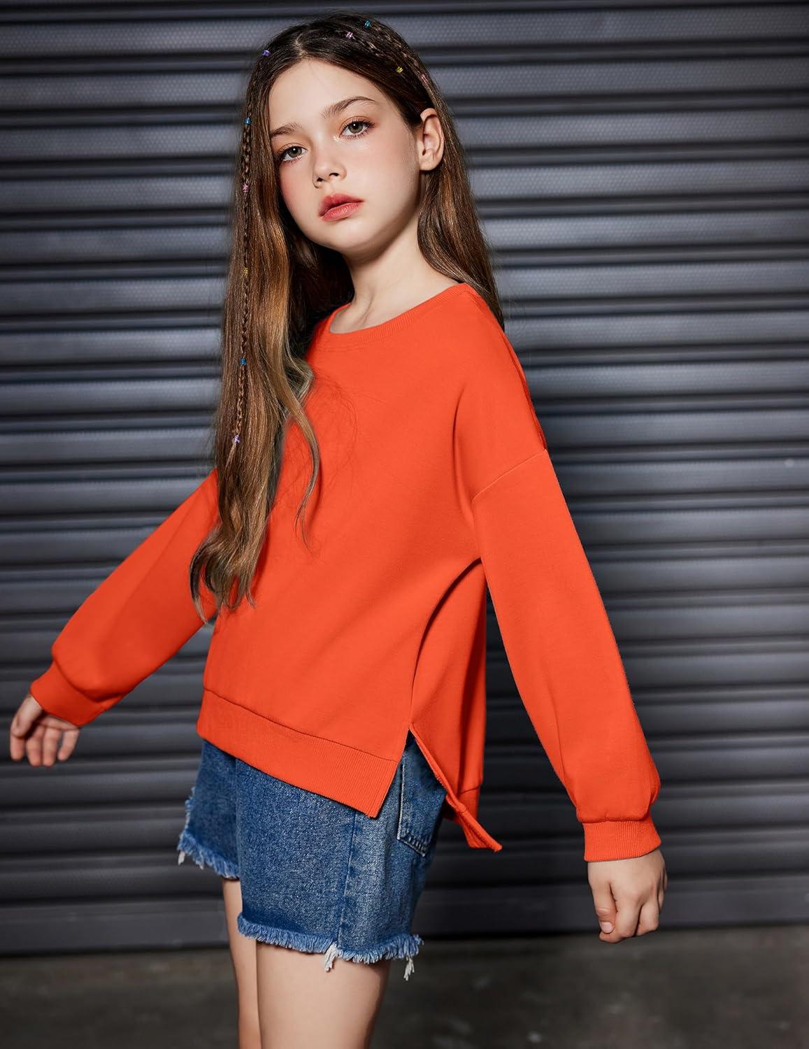 image:imageArshiner Girls Crewneck Sweatshirt Long Sleeve Pullover Tops Drop Shoulder Sweatshirts Side SplitOrange
