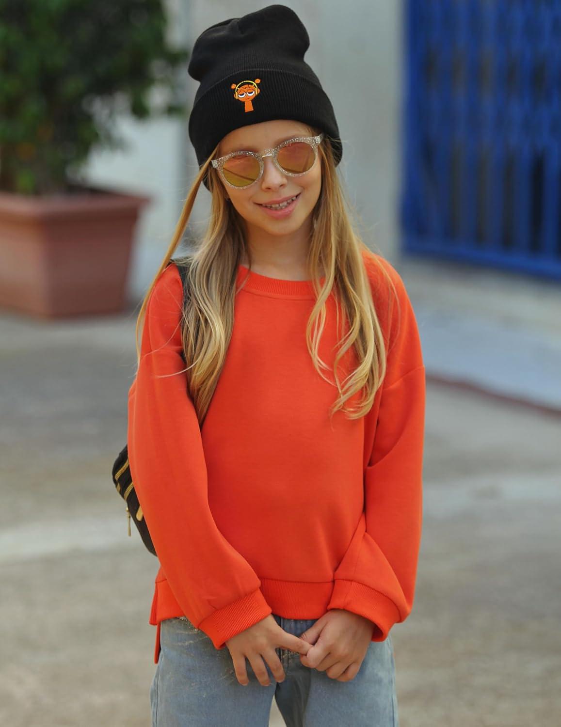 image:imageArshiner Girls Crewneck Sweatshirt Long Sleeve Pullover Tops Drop Shoulder Sweatshirts Side SplitOrange