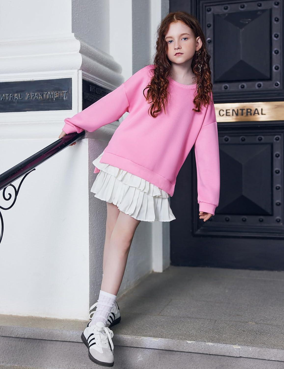 image:imageArshiner Girls Crewneck Sweatshirt Long Sleeve Pullover Tops Drop Shoulder Sweatshirts Side SplitPeach Pink