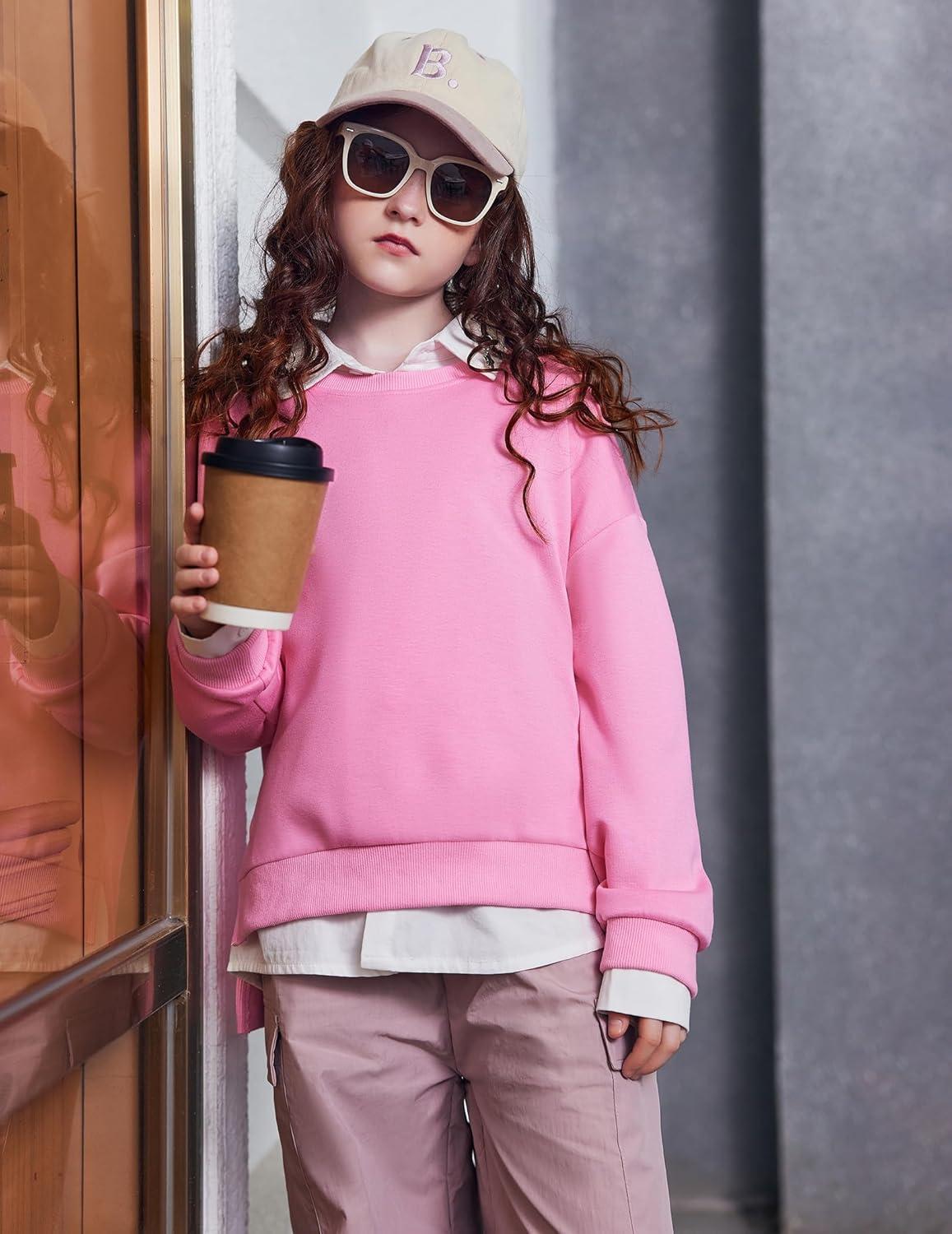 image:imageArshiner Girls Crewneck Sweatshirt Long Sleeve Pullover Tops Drop Shoulder Sweatshirts Side SplitPeach Pink