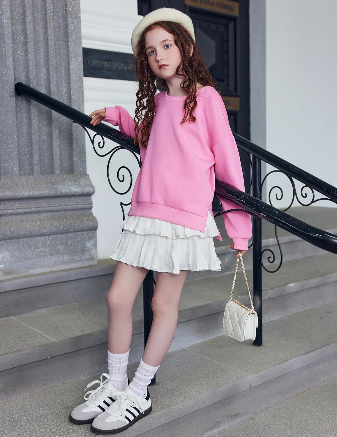 image:imageArshiner Girls Crewneck Sweatshirt Long Sleeve Pullover Tops Drop Shoulder Sweatshirts Side SplitPeach Pink