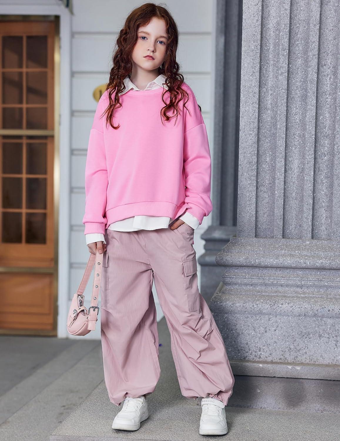 image:imageArshiner Girls Crewneck Sweatshirt Long Sleeve Pullover Tops Drop Shoulder Sweatshirts Side SplitPeach Pink