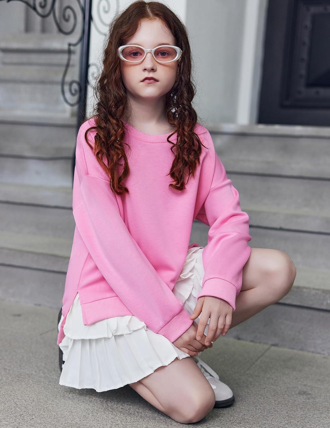 image:imageArshiner Girls Crewneck Sweatshirt Long Sleeve Pullover Tops Drop Shoulder Sweatshirts Side SplitPeach Pink