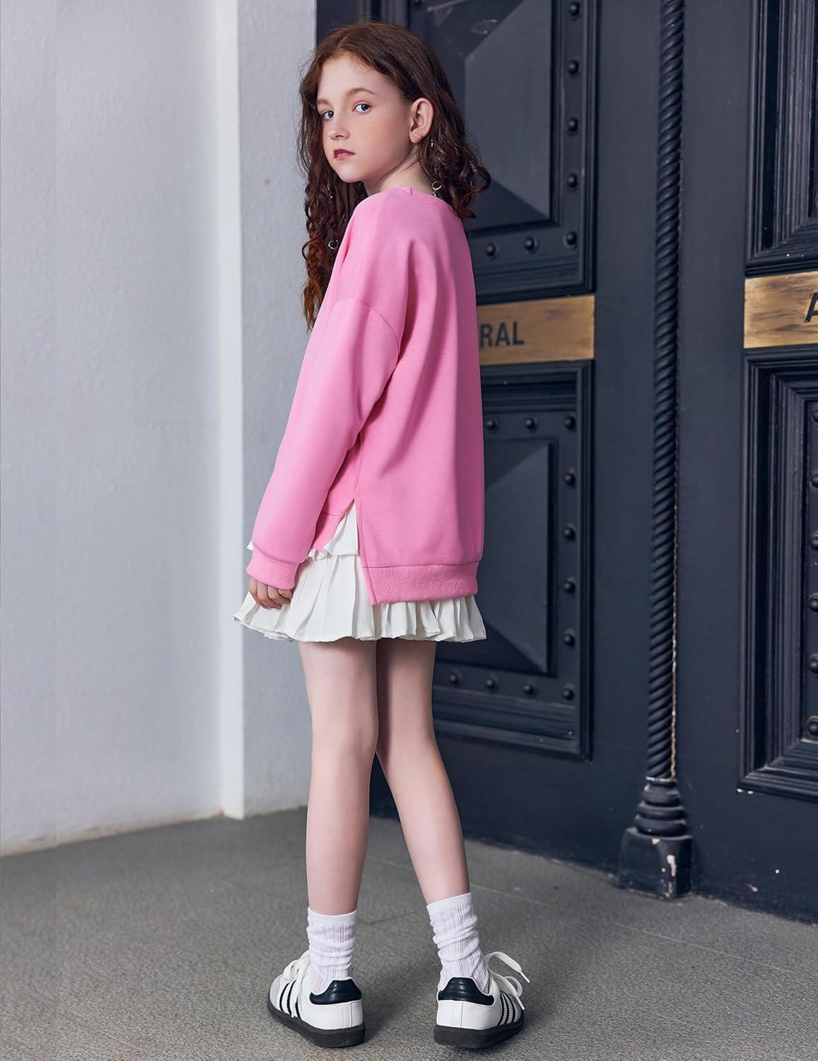 image:imageArshiner Girls Crewneck Sweatshirt Long Sleeve Pullover Tops Drop Shoulder Sweatshirts Side SplitPeach Pink