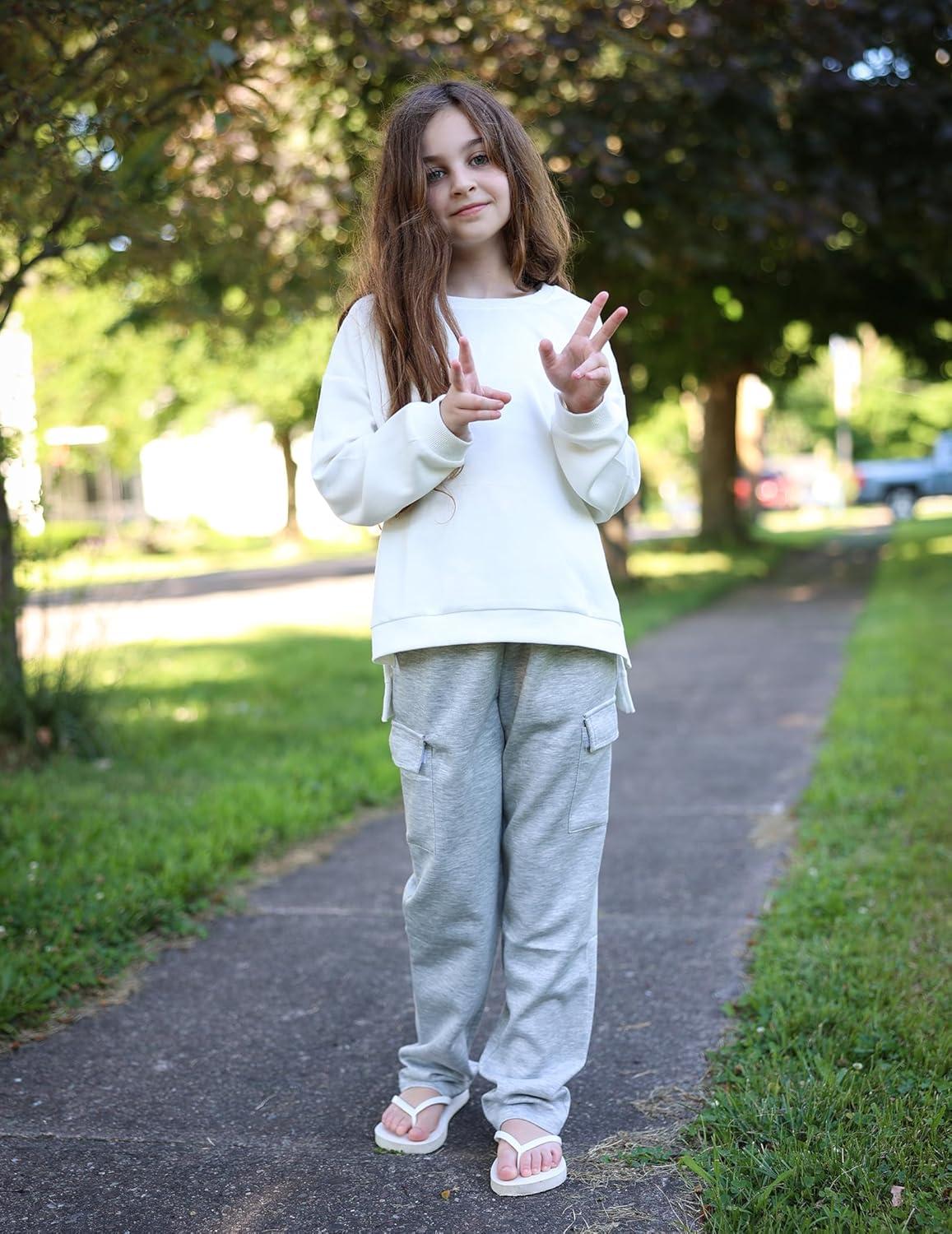 image:imageArshiner Girls Crewneck Sweatshirt Long Sleeve Pullover Tops Drop Shoulder Sweatshirts Side SplitWhite