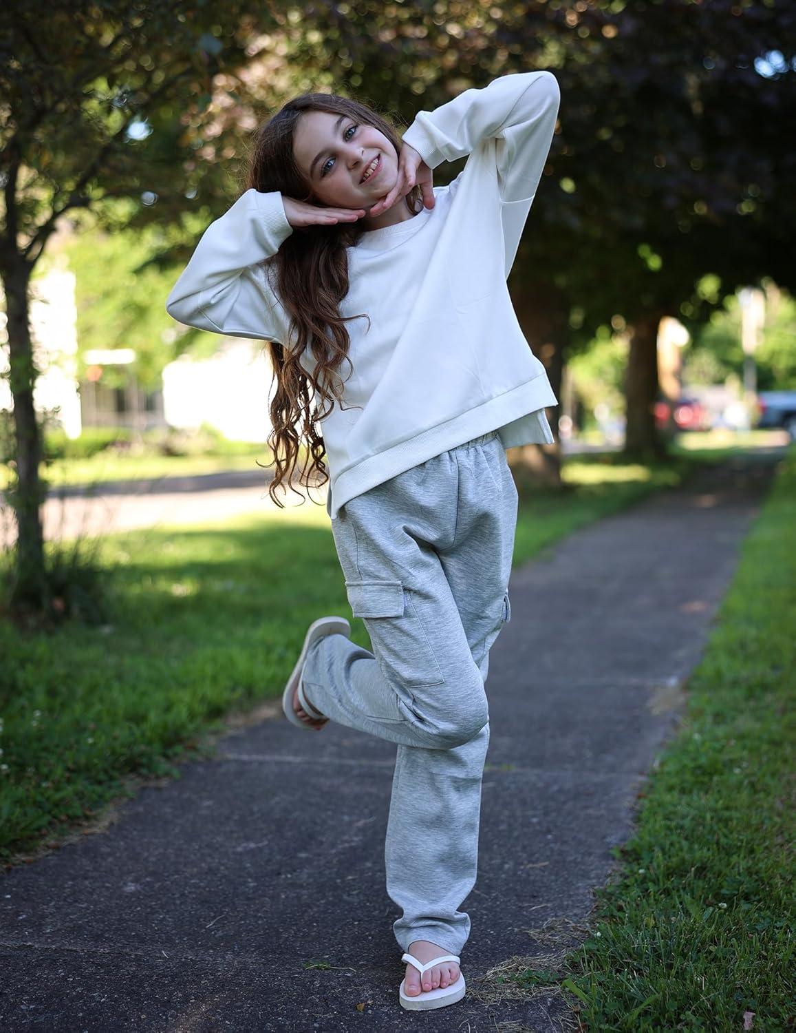 image:imageArshiner Girls Crewneck Sweatshirt Long Sleeve Pullover Tops Drop Shoulder Sweatshirts Side SplitWhite