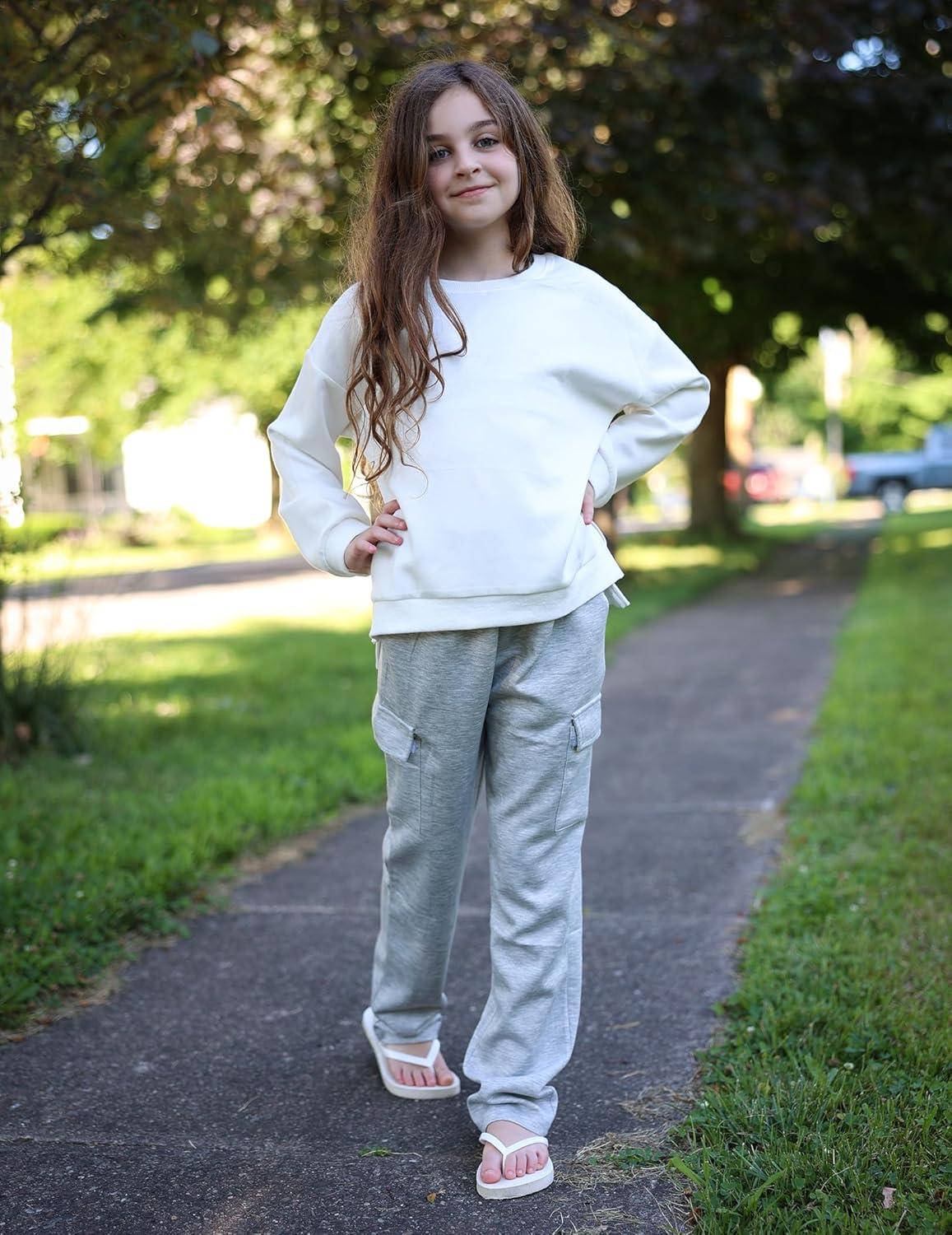 image:imageArshiner Girls Crewneck Sweatshirt Long Sleeve Pullover Tops Drop Shoulder Sweatshirts Side SplitWhite