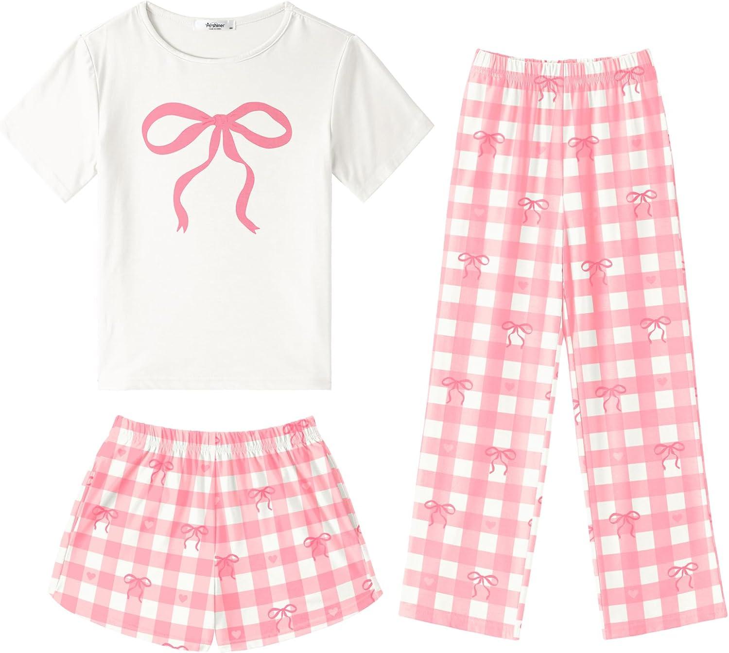 image:imageArshiner Girls Pajama Set 3 Piece Short Sleeve Sleepwear Summer Soft Cute Pjs OutfitsPink Bow Plaid
