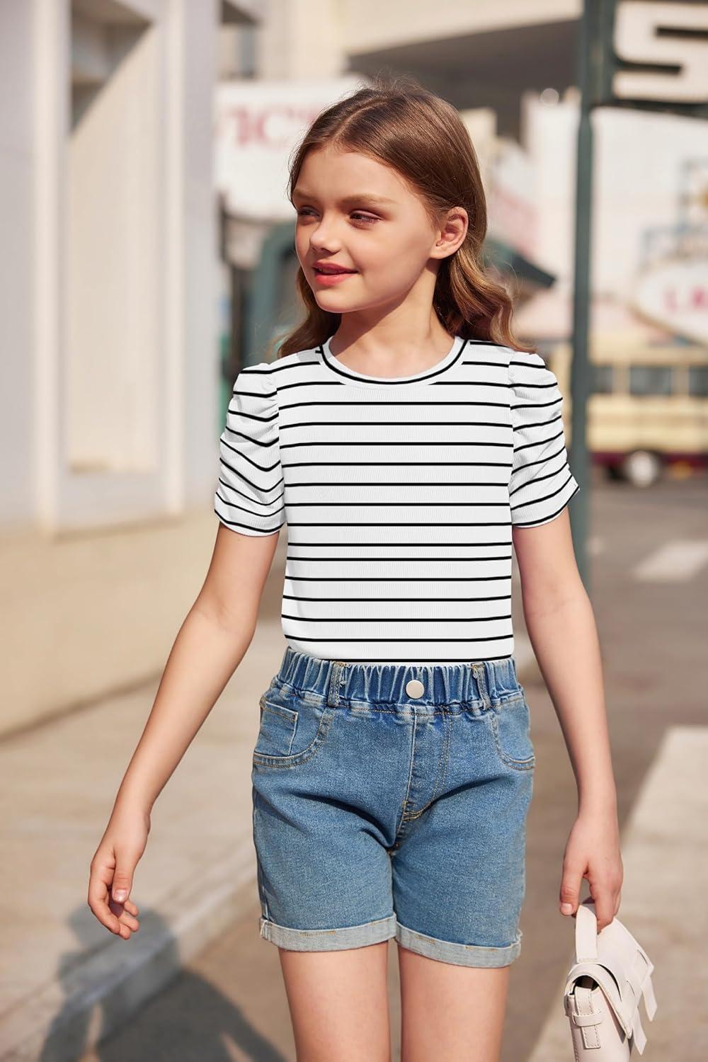 image:imageArshiner Girls Puff Short Sleeve Shirts Summer Ribbed Knit Crewneck T Shirt Tops Tee BlouseBlack Stripe