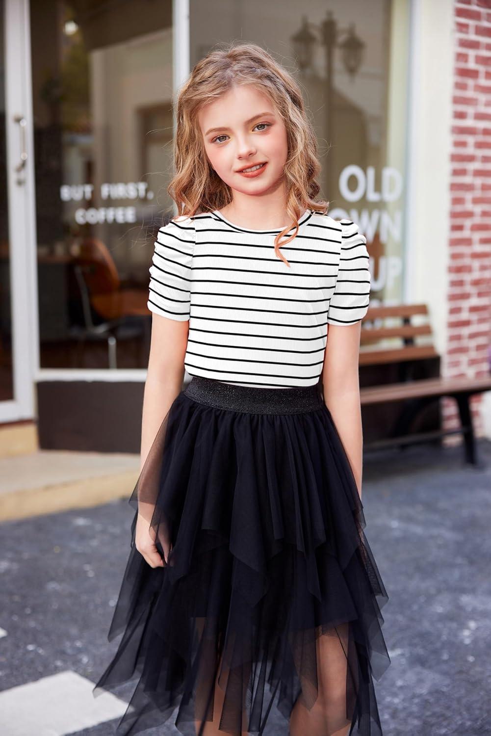 image:imageArshiner Girls Puff Short Sleeve Shirts Summer Ribbed Knit Crewneck T Shirt Tops Tee BlouseBlack Stripe