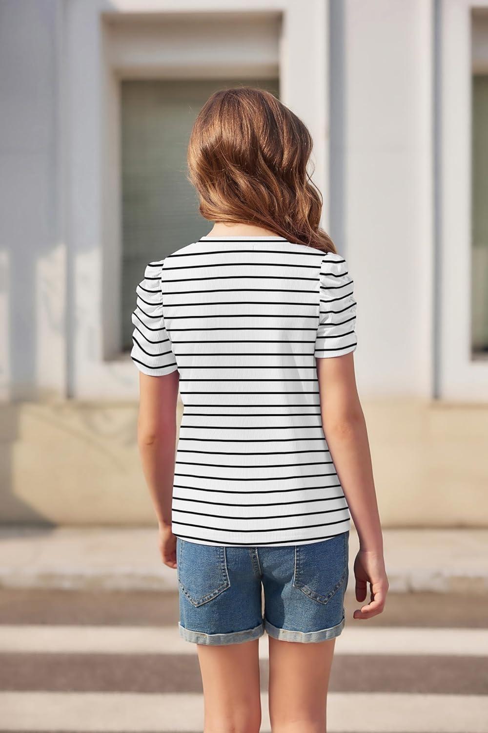 image:imageArshiner Girls Puff Short Sleeve Shirts Summer Ribbed Knit Crewneck T Shirt Tops Tee BlouseBlack Stripe