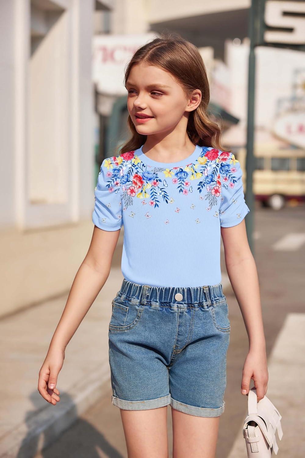 image:imageArshiner Girls Puff Short Sleeve Shirts Summer Ribbed Knit Crewneck T Shirt Tops Tee BlouseFloral Blue