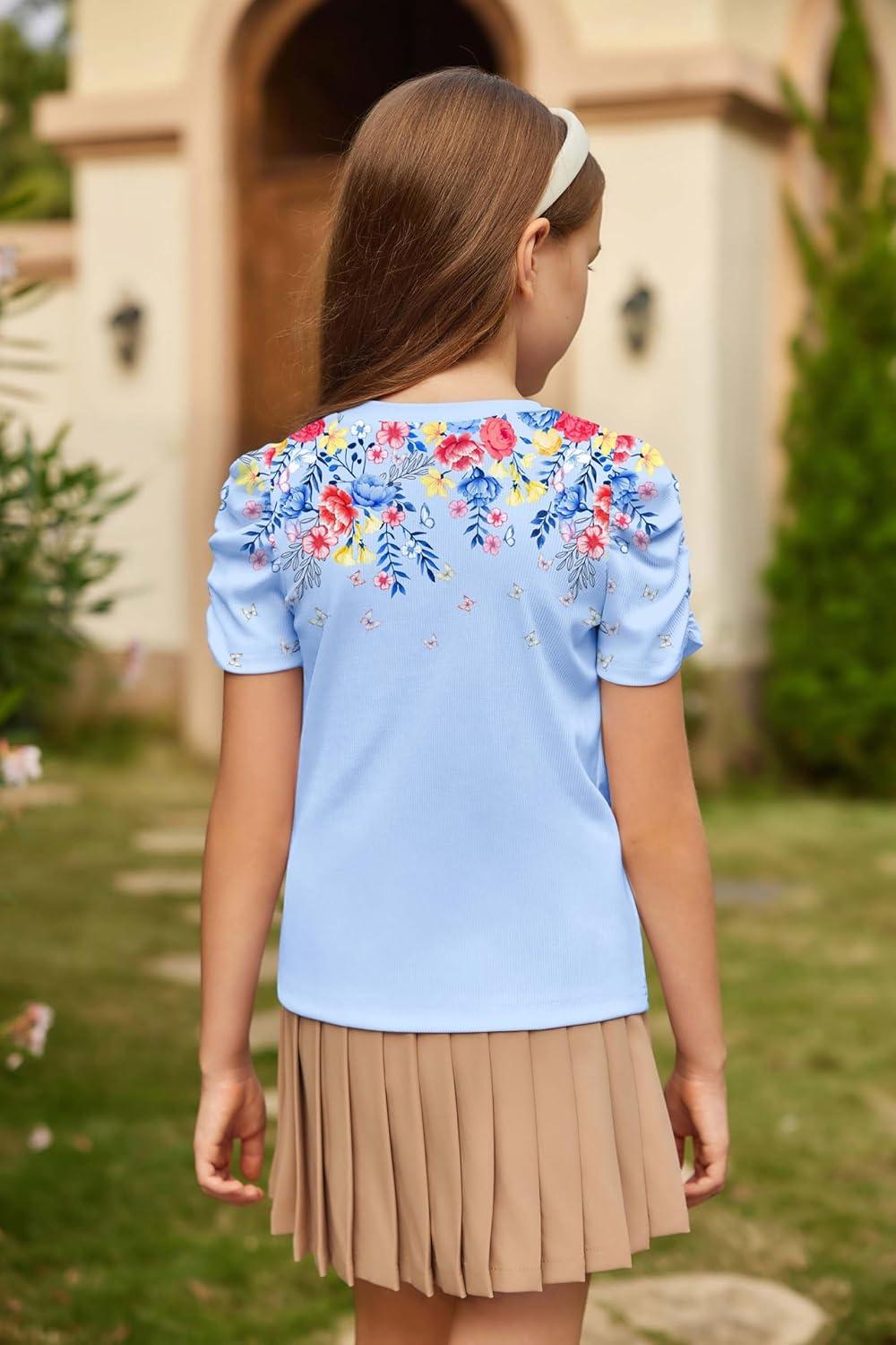 image:imageArshiner Girls Puff Short Sleeve Shirts Summer Ribbed Knit Crewneck T Shirt Tops Tee BlouseFloral Blue